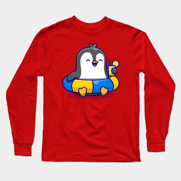 Cute Penguin With Swimming Tires And Orange Juice Cartoon Long Sleeve T-Shirt by Catalyst Labs